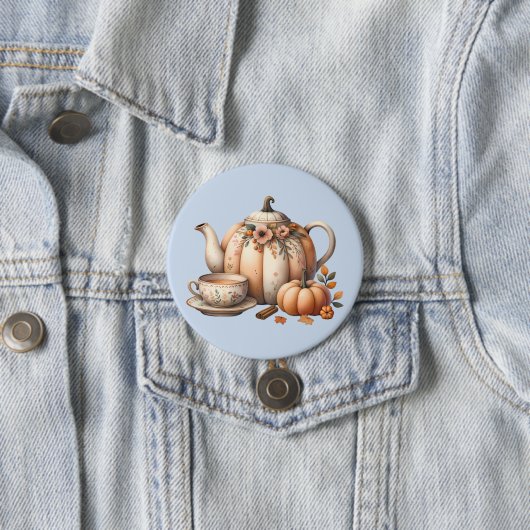 Badge Rond 7,6 Cm Teapot citrouille avec fleurs d'automne (En situation)