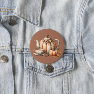 Badge Rond 7,6 Cm Teapot citrouille avec fleurs d'automne