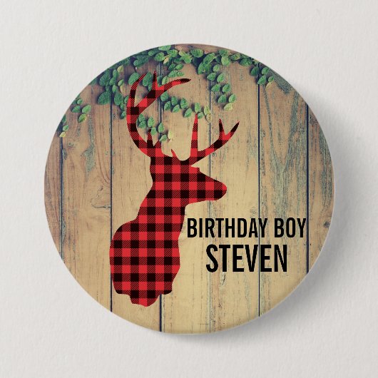 Badge Rond 7,6 Cm Tête de cerf avec Antlers - Rouge rustique Plaid (Devant)