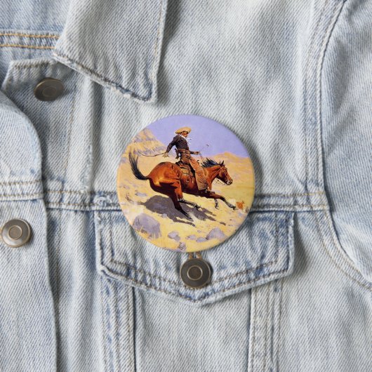 Badge Rond 7,6 Cm The Cowboy (par Frederic Remington) (En situation)