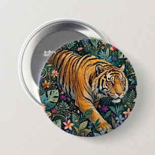 Badge Rond 7,6 Cm Tigre aux yeux ambre, feuillage de jungle fantaisi