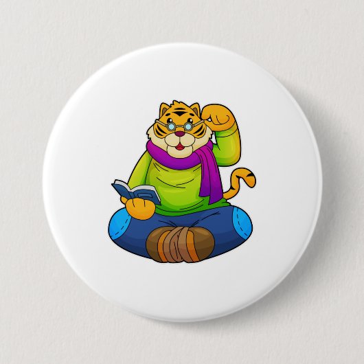 Badge Rond 7,6 Cm Tigre en intello avec livre (Devant)