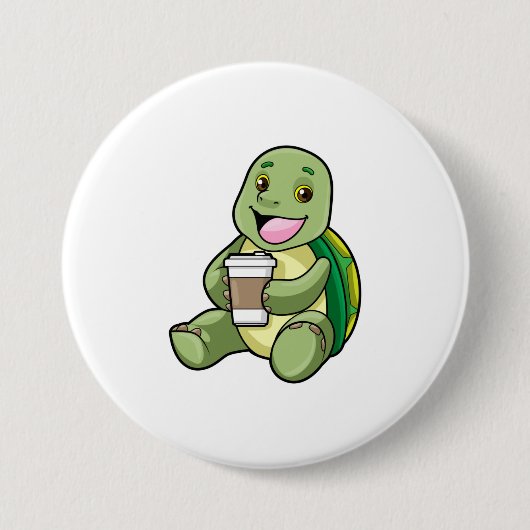 Badge Rond 7,6 Cm Tortue avec Shell & Café à aller (Devant)