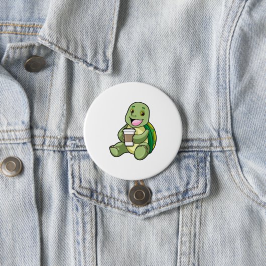 Badge Rond 7,6 Cm Tortue avec Shell & Café à aller (En situation)
