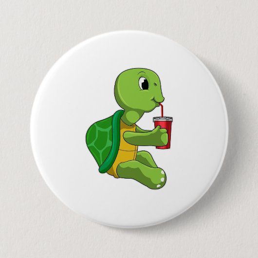 Badge Rond 7,6 Cm Tortue avec tasse à boire avec paille (Devant)