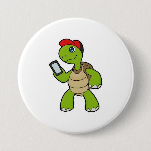 Badge Rond 7,6 Cm Tortue avec téléphone et Casquette (Devant)