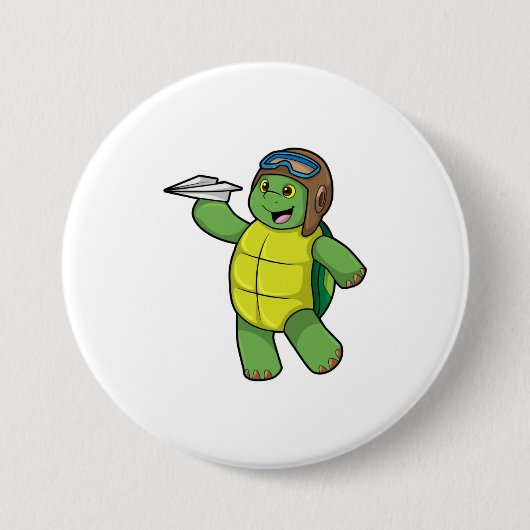 Badge Rond 7,6 Cm Tortue comme pilote avec avion en papier (Devant)