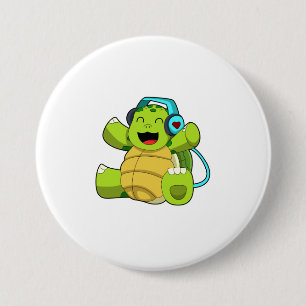 Badge Rond 7,6 Cm Tortue en musique avec casque