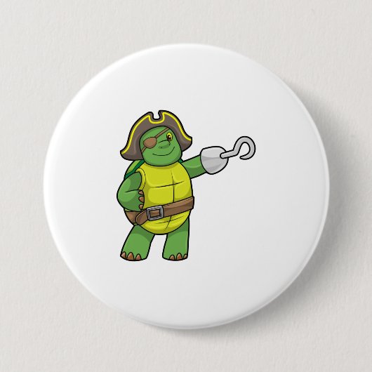 Badge Rond 7,6 Cm Tortue en pirate avec patchs main et oeil (Devant)