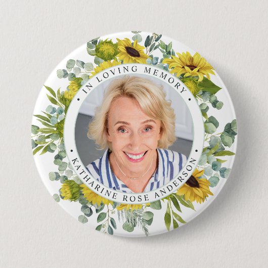 Badge Rond 7,6 Cm Tournesol En Mémoire Amoureuse Photo Funérailles c (Devant)