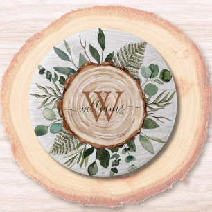 Badge Rond 7,6 Cm Tranche de bois rustique et feuillage à aquarelle 