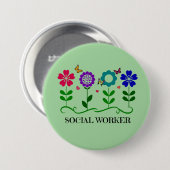 Badge Rond 7,6 Cm Travailleur social...Fleurs, Coeurs, Papillons (Devant & derrière)