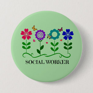 Badge Rond 7,6 Cm Travailleur social...Fleurs, Coeurs, Papillons