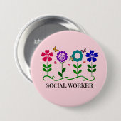 Badge Rond 7,6 Cm Travailleur social...Fleurs, Coeurs, Papillons (Devant & derrière)