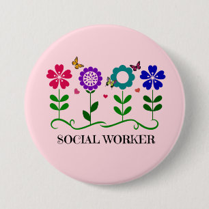 Badge Rond 7,6 Cm Travailleur social...Fleurs, Coeurs, Papillons
