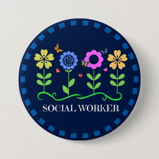 Badge Rond 7,6 Cm Travailleur social, fleurs et papillons (Devant)
