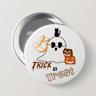 Badge Rond 7,6 Cm Trick Or Treat Boo avec chat et citrouille derrièr