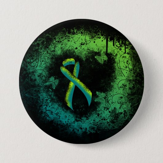 Badge Rond 7,6 Cm Turquoise et Lime Green Grunge Heart (Devant)