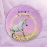 Badge Rond 7,6 Cm Unicorn Joyeux Anniversaire Nom et Modèle d'âge<br><div class="desc">Une licorne magique courant dans un champ de fleurs avec un ciel rose et lavande dans l'arrière - plan et un cercle de pétillants. Nom et modèle d'âge. Beau cadeau pour la fille d'anniversaire (ou comme prix spécial pour gagner un jeu) en rose et lavande avec éclat magique. Un souvenir...</div>
