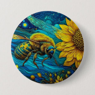 Badge Rond 7,6 Cm Van Gogh Style Bee & Sunflower