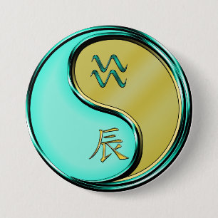 Badge Rond 7,6 Cm Verseau & Dragon de Métal