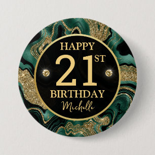 Badge Rond 7,6 Cm Vert élégant et paillettes dorées Anniversaire en