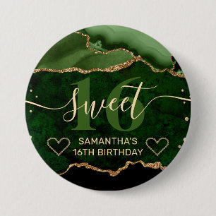 Badge Rond 7,6 Cm Vert et Or Paillettes Agate Bille Douce 16