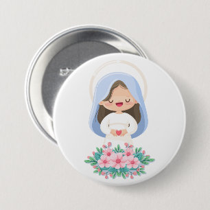 Badge Rond 7,6 Cm Vierge Kawaii Marie avec Coeur et Fleurs