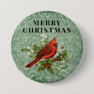 Badge Rond 7,6 Cm Vintage Red Cardinal Bird Joyeux Noël