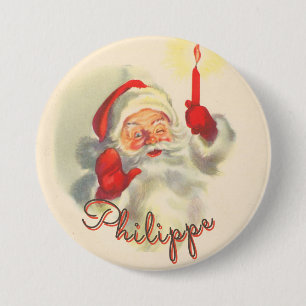 Badge Rond 7,6 Cm Vintage Santa Christmas Stocking Name Tag Button