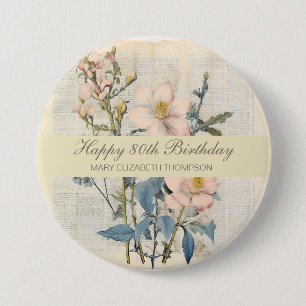 Badge Rond 7,6 Cm Vintaqe botanique Fleur sauvage 80e anniversaire