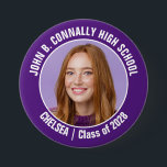 Badge Rond 7,6 Cm Violet Pom-pom girl Photo High School Spirit<br><div class="desc">Ce cadeau photo de pom-pom girl cool customisé au lycée présente une typographie blanche du nom de votre équipe et du joueur sur un bouton violet. Personnalisez avec la photo de votre élève et l'année de classe en tant que parent encourageant fier. Un père et une mère peuvent porter ces...</div>