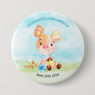 Badge Rond 7,6 Cm Watercolor Boy Piggy Baby shower Farm
