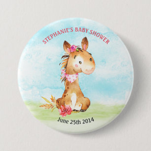 Badge Rond 7,6 Cm Watercolor Girl Horse Baby shower ferme