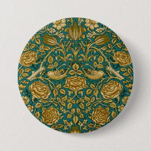 Badge Rond 7,6 Cm William Morris Motif Rose Tudor Bleu Doré