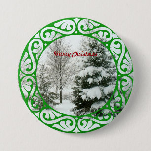 Badge Rond 7,6 Cm Winter Fir Trees, Merry Christmas
