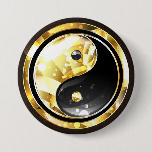 Badge Rond 7,6 Cm Yin Yang or sur noir