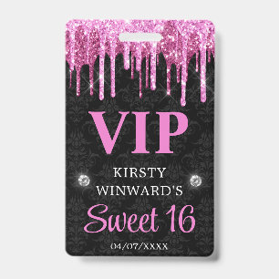 Badge Rose Chaude et Noir Paillettes qui Coulent Sweet S