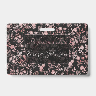 Badge Rose Dorée Élégante Fleurs Botanique Noire