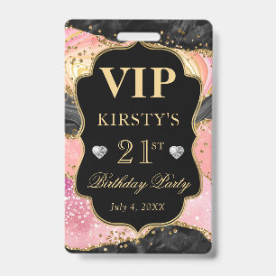Badge Rose et Or Noir Paillettes Agate Anniversaire VIP