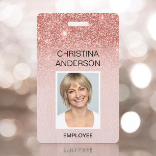 Badge Rose Gold Glitter Employé  - Nom Photo Entreprise
