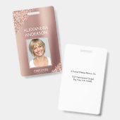 Badge Rose Gold Pailletés Nom de l'employé Photo Entrepr (Avant & arrière)