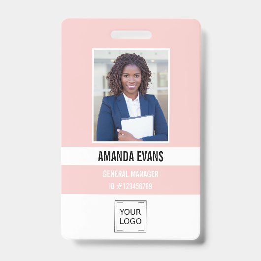 Badge Rose | Logo de l'employé photo ou sécurité QR CODE (Avant)