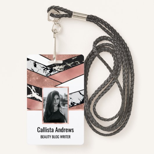 Badge Rose moderne Gold Black Parties scintillant Marbre (Devant avec lanière)