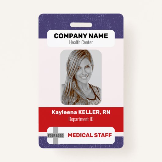 Badge Rouge Bleu Blanc Photo Code barre Logo Personnel M (Devant)