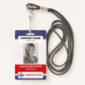 Badge Rouge Bleu Blanc Photo Code barre Logo Personnel M (Devant avec lanière)