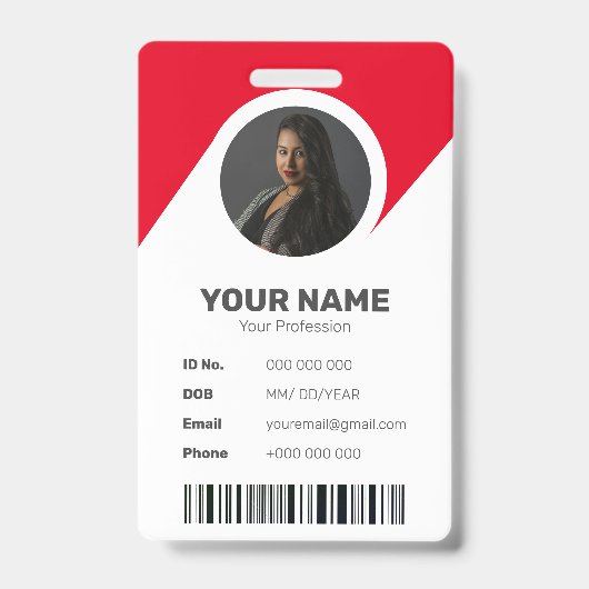 Badge Rouge Chic Moderne ID Minimal Code-Barres Photo de (Avant)