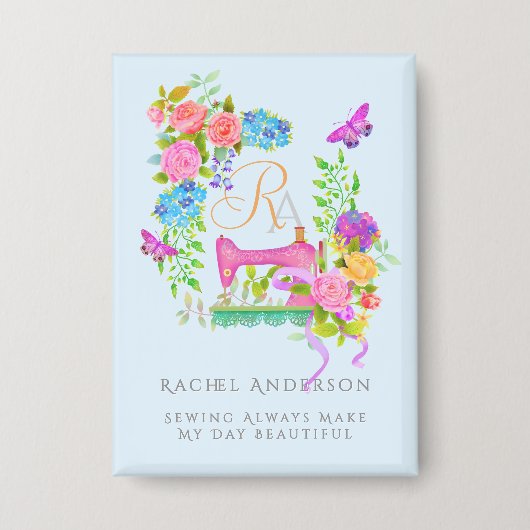 Badge Ruban de couture floral monogramme bleu (Recto)