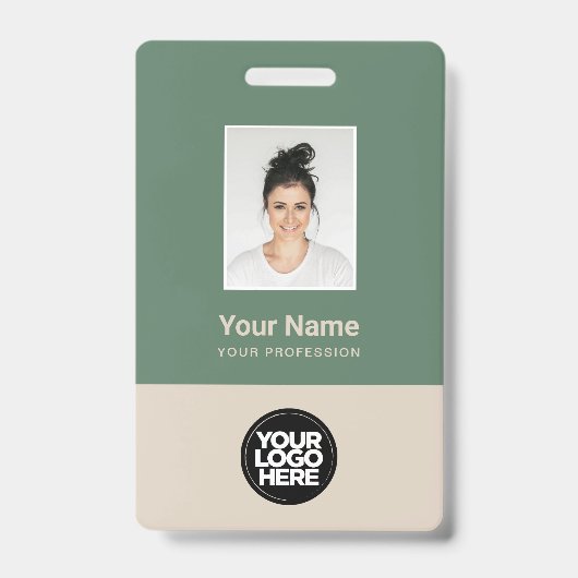 Badge Sage Green Beige Photo de l'employé Logo Nom (Avant)