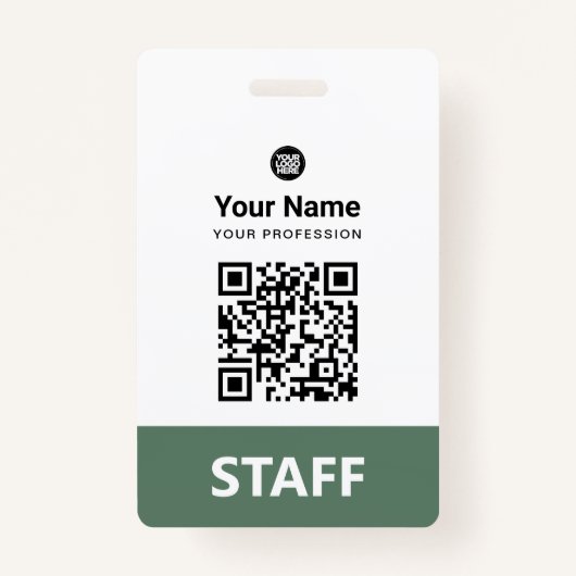 Badge Sage Green Employé Code Qr, Code barre, Logo, Nom (Devant)